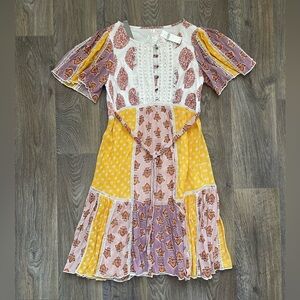Anthropologie Patchwork Boho Peasant Dress NWT Size 0 Mixed Print Midi Festival